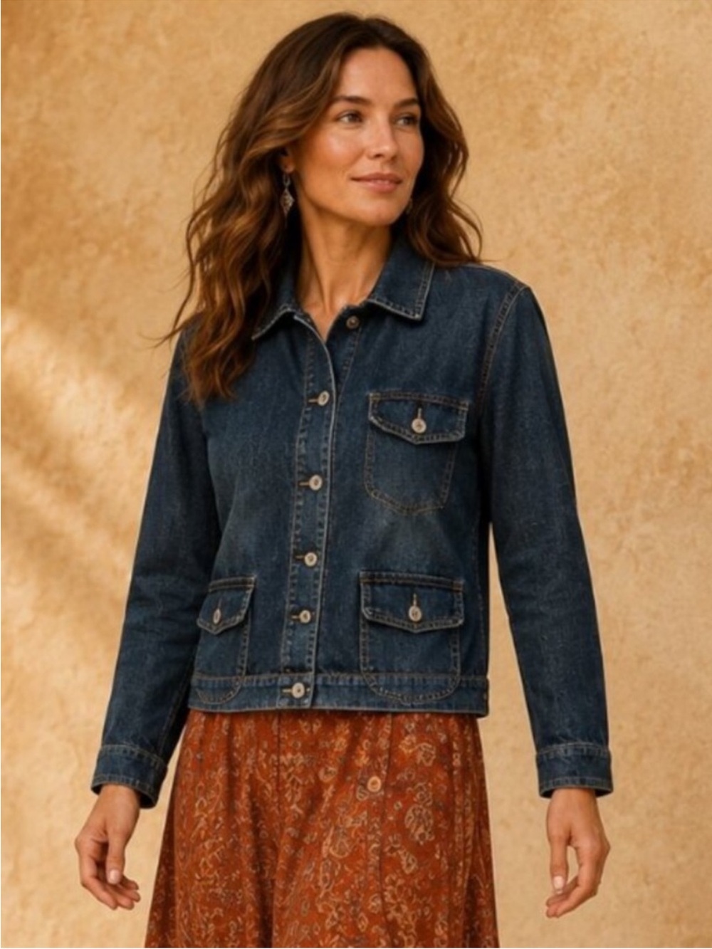 SUNDANCE Catalog Denim Jean Jacket Utility Coat Blue Pockets Button Western Wear